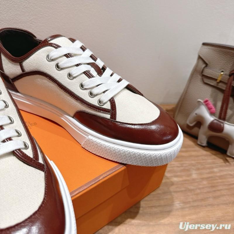 2025 Unisex Hermes Brown White Fabric Leather Sneakers AS00380