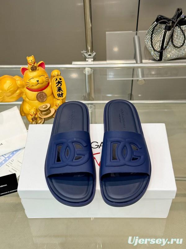 2025 Men Dolce & Gabbana Blue Leather Slippers KFY00150