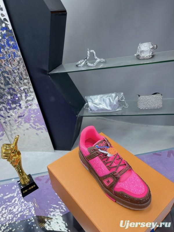 2025 Unisex Louis Vuitton Pink Brown Leather Canvas Plimsolls Handcrafted Crystals AS00400