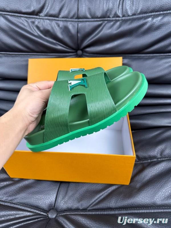 2025 Men Louis Vuitton Green Leather Slippers AS00170