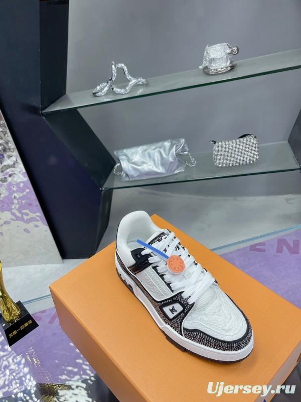 2025 Unisex Louis Vuitton White Black Leather Fabric Plimsolls Handcrafted Rhinestones AS00400