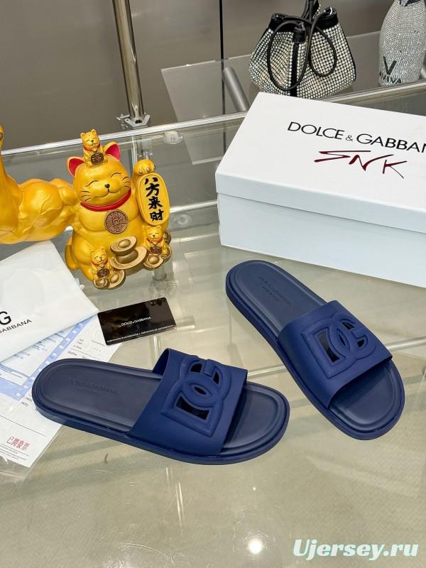 2025 Men Dolce & Gabbana Blue Leather Slippers KFY00150