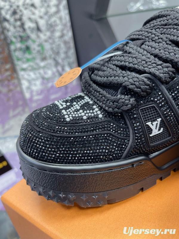 2025 Women Louis Vuitton Black Crystal Trainer Leather Plimsolls Bing Bing AS00420