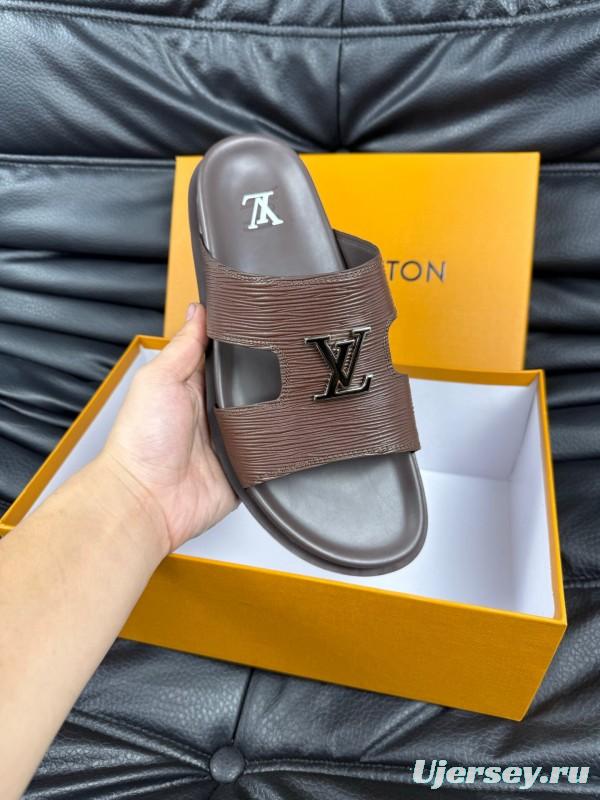 2025 Men Louis Vuitton Brown Leather Slippers AS00170