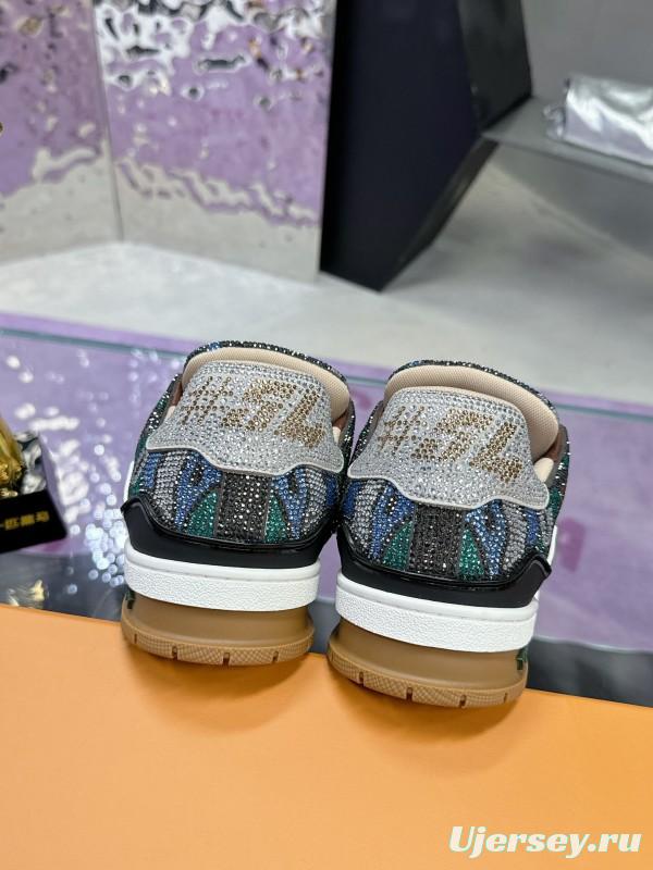 2025 Unisex Louis Vuitton Blue Grey Black Leather Fabric Sneakers Handcrafted Crystals AS00400