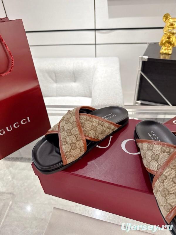 2025 Unisex Gucci Beige Brown Canvas Leather Slippers Double G Embossed AS00240