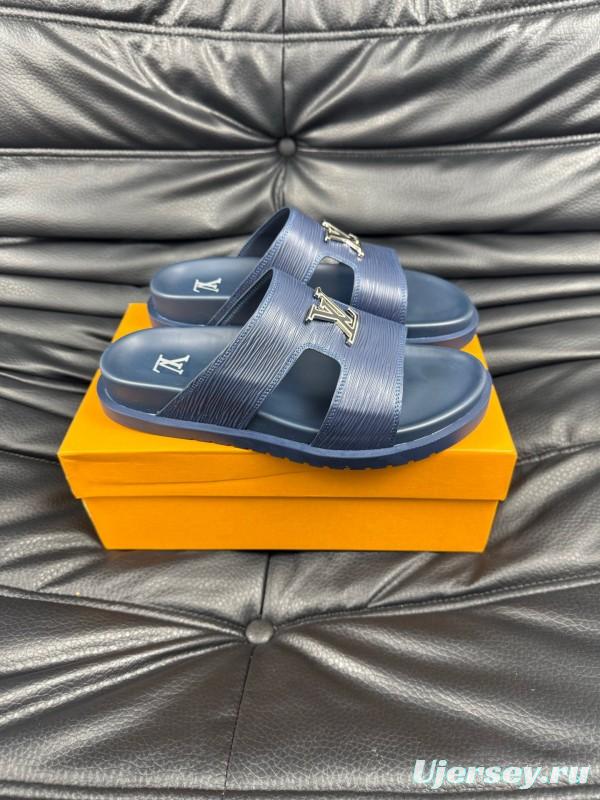 2025 Men Louis Vuitton Blue Leather Slippers AS00170