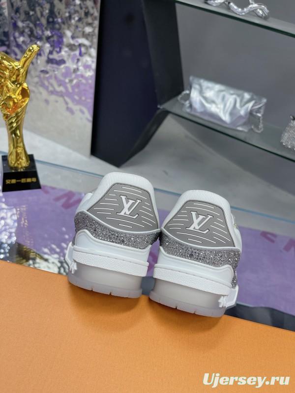 2025 Unisex Louis Vuitton White Silver Leather Fabric Plimsolls Handcrafted Crystals AS00400