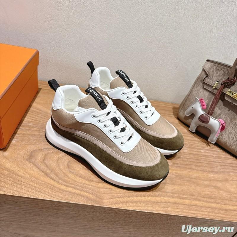 2025 Unisex HERMES White Beige Khaki Fabric Leather Sneakers AS00400