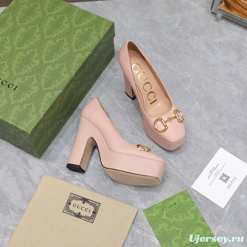 2025 Women Gucci Pink Leather Platform Pumps KFY00320