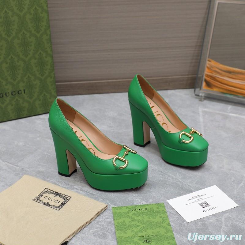2025 Women Gucci Green Leather Platform Pumps KFY00320