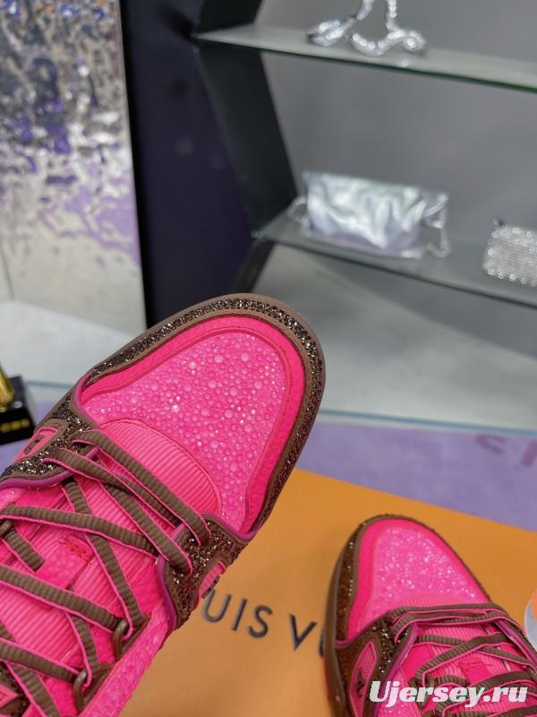 2025 Unisex Louis Vuitton Pink Brown Leather Canvas Plimsolls Handcrafted Crystals AS00400