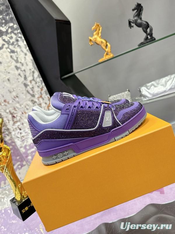 2025 Women Louis Vuitton Purple Blue Leather Plimsolls Handcrafted Rhinestone AS00400