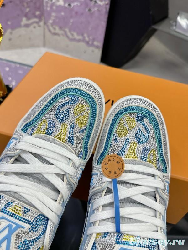 2025 Unisex Louis Vuitton Blue Yellow White Leather Denim Plimsolls Handcrafted Rhinestone AS00400