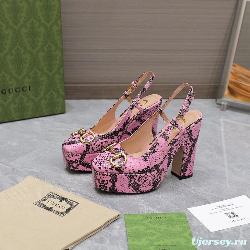 2025 Women Gucci Pink Black Leather Platform High Heels KFY00320