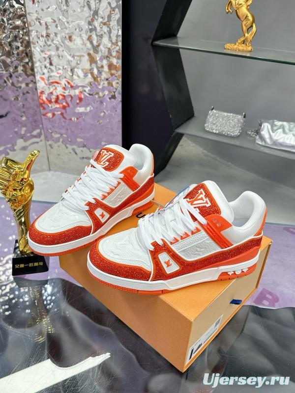 2025 Unisex Louis Vuitton Orange White Leather Plimsolls Handcrafted Rhinestones AS00400
