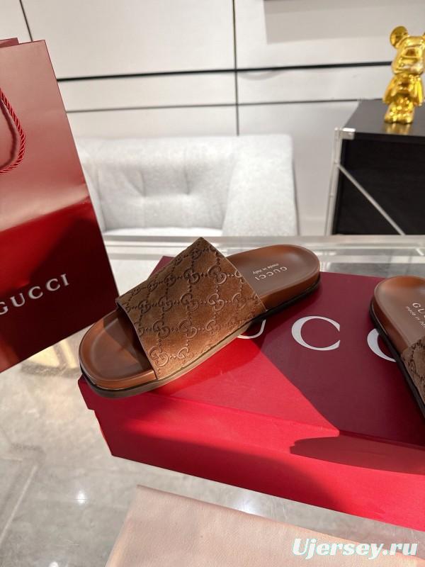 2025 Unisex Gucci Brown Leather Slippers Top Version AS00240