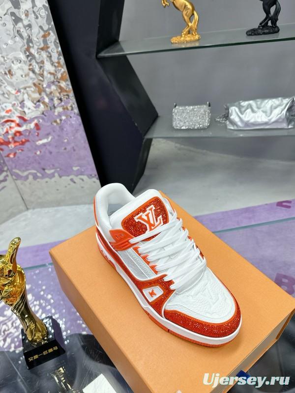 2025 Unisex Louis Vuitton Orange White Leather Plimsolls Handcrafted Rhinestones AS00400
