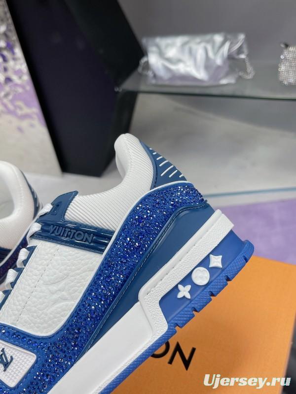 2025 Unisex Louis Vuitton Blue White Leather Plimsolls Handcrafted Beaded AS00400