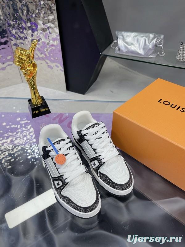 2025 Unisex Louis Vuitton White Black Leather Fabric Plimsolls Handcrafted Rhinestones AS00400