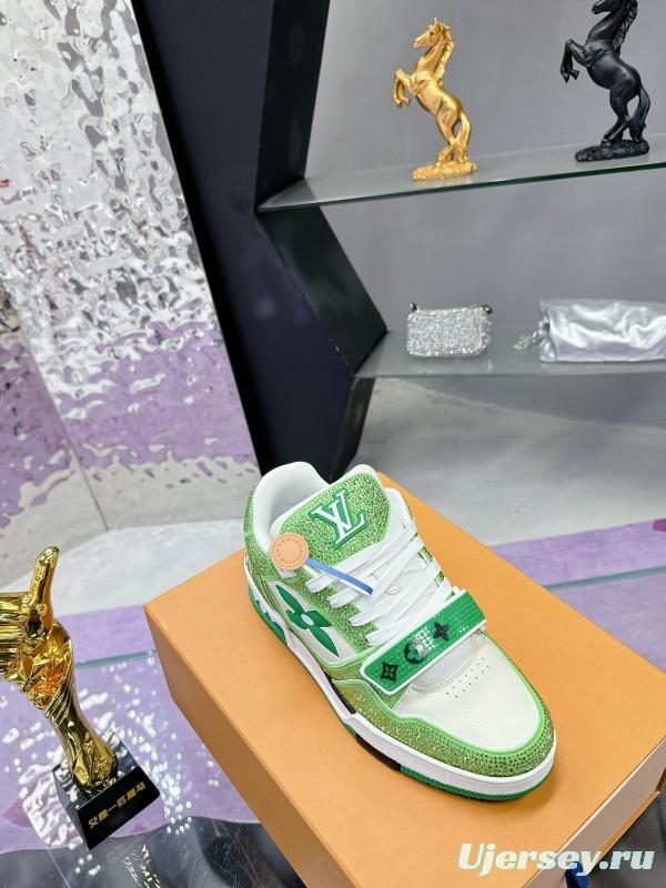 2025 Unisex Louis Vuitton Green White Leather Fabric Plimsolls Handmade Crystal Detailing AS00400