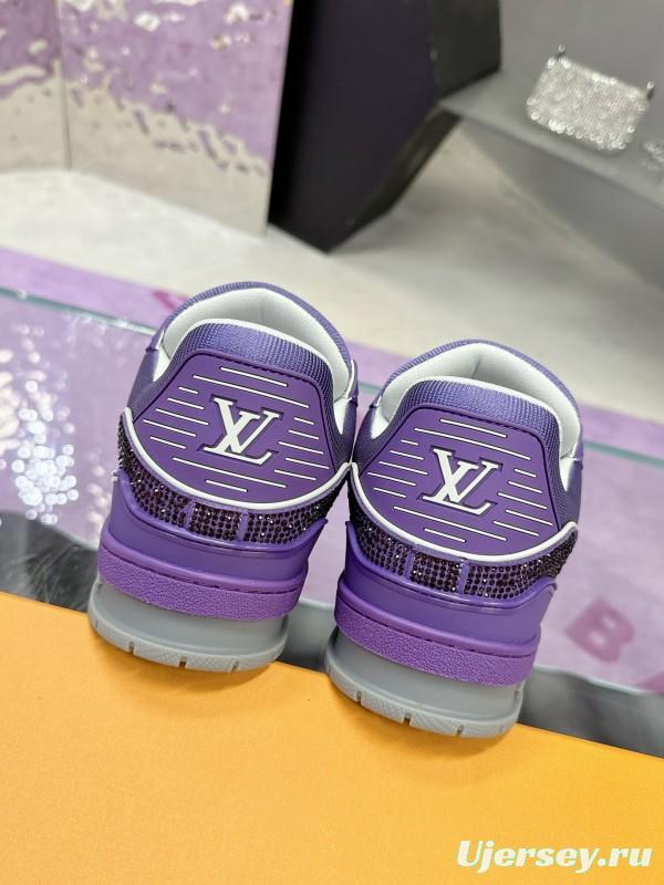 2025 Women Louis Vuitton Purple Blue Leather Plimsolls Handcrafted Rhinestone AS00400