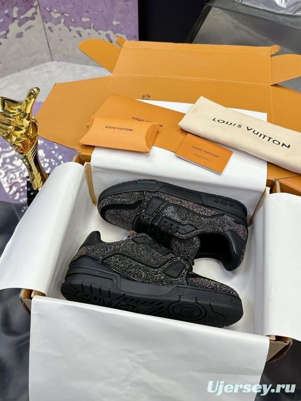 2025 Unisex Louis Vuitton Black Handmade Rhinestone Leather Fabric Plimsolls LV Trainer AS00400