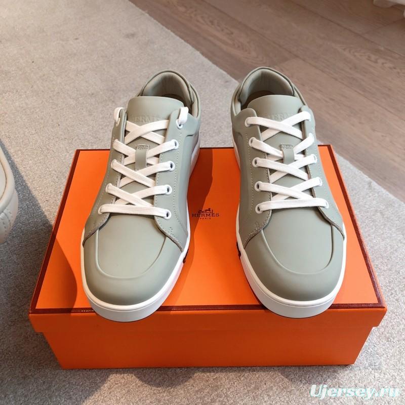 2025 Men Hermès Sage Green Leather Sneakers AS00380