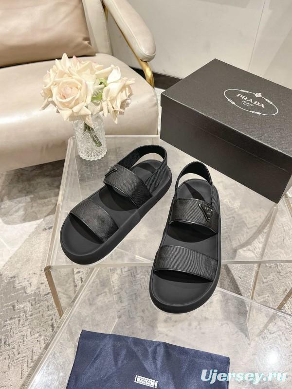 2025 Men Prada Black Leather Sandals KFY00220