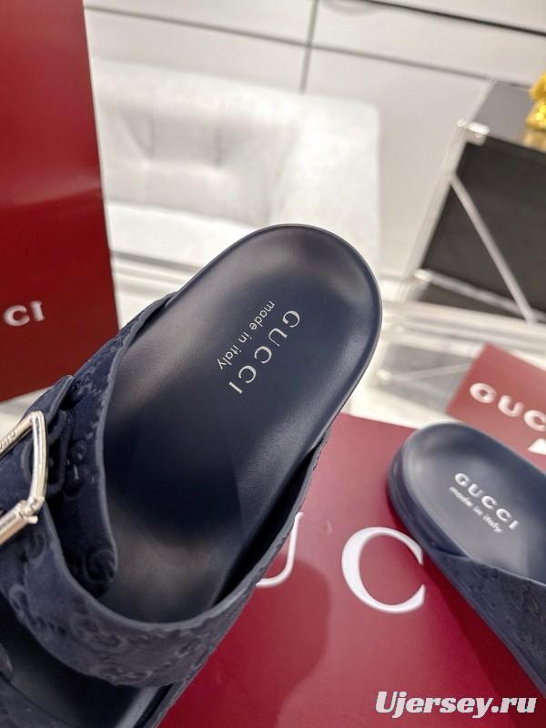 2025 Unisex Gucci Black Leather Fabric Slippers Double G Embossed AS00240
