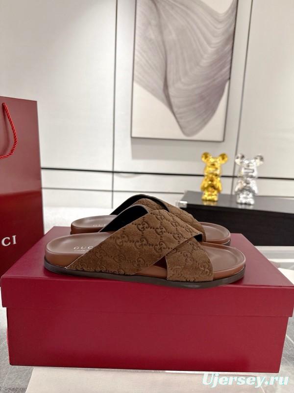 2025 Women Gucci Brown Suede Slippers GG Embossed AS00240