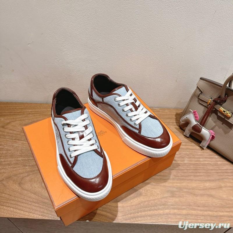 2025 Unisex H Brown Blue Leather Knit Sneakers AS00380