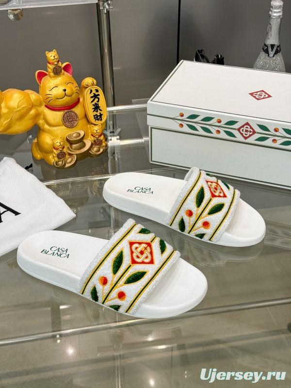 2025 Men CASA BLANCA White Green Red Embroidered Leather Slippers KFY00160