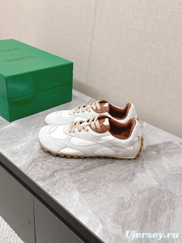 2025 Unisex Bottega Veneta White Nylon Suede Sneakers Woven Pattern KFY00290