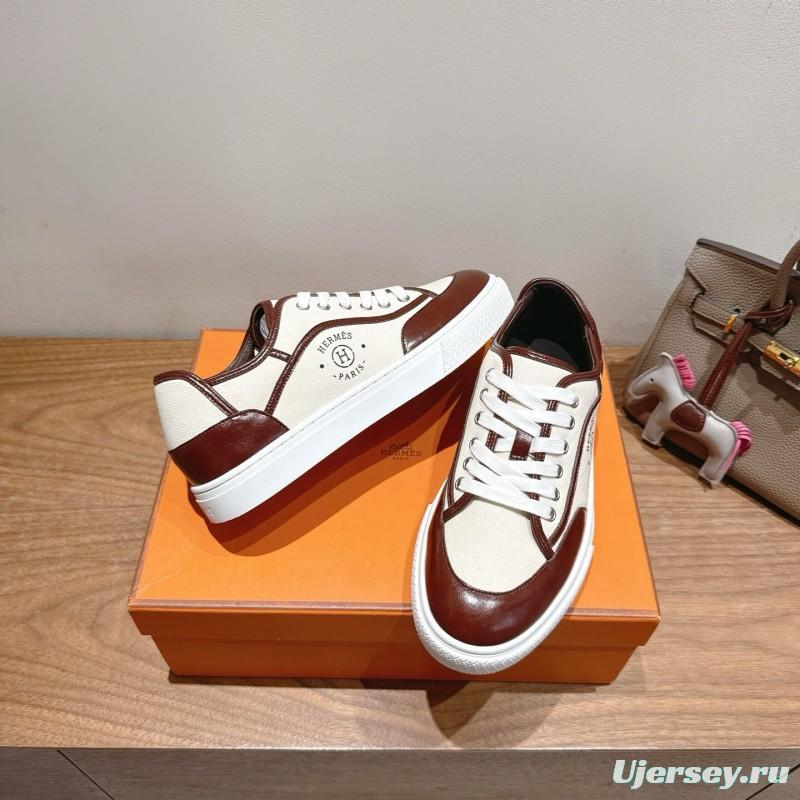 2025 Unisex Hermes Brown White Fabric Leather Sneakers AS00380