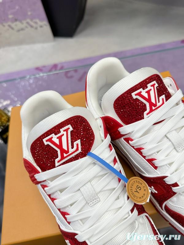 2025 Unisex Louis Vuitton Red White Leather Fabric Plimsolls Handmade Rhinestone AS00400