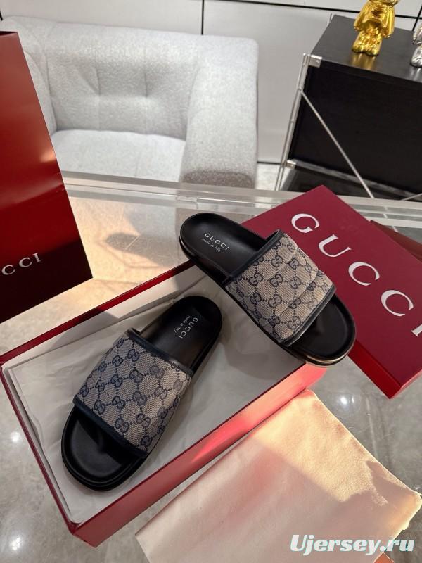 2025 Unisex Gucci Black Grey Fabric Slippers Double G Embossed AS00240