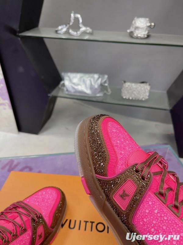 2025 Unisex Louis Vuitton Pink Brown Leather Canvas Plimsolls Handcrafted Crystals AS00400