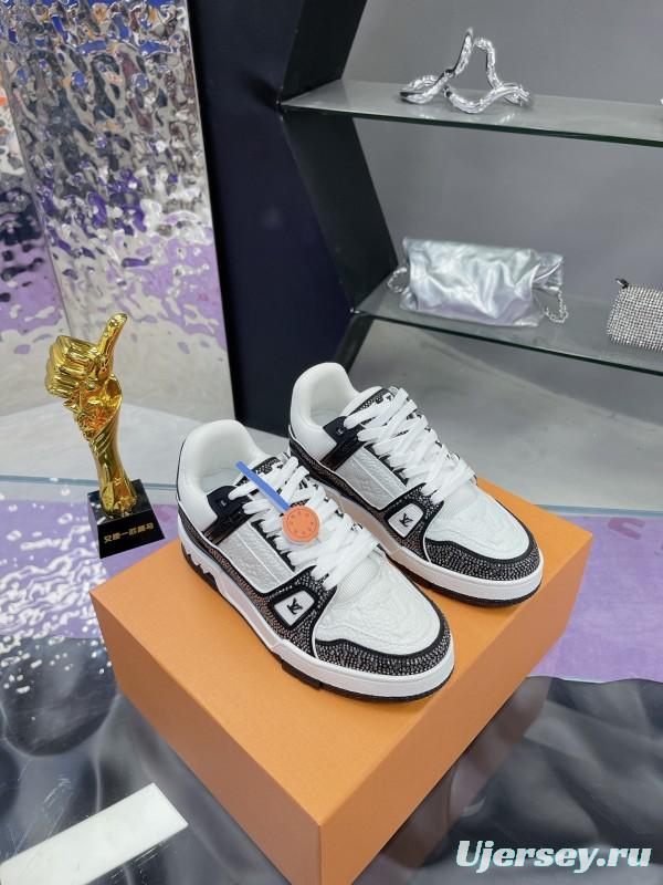 2025 Unisex Louis Vuitton White Black Leather Fabric Plimsolls Handcrafted Rhinestones AS00400