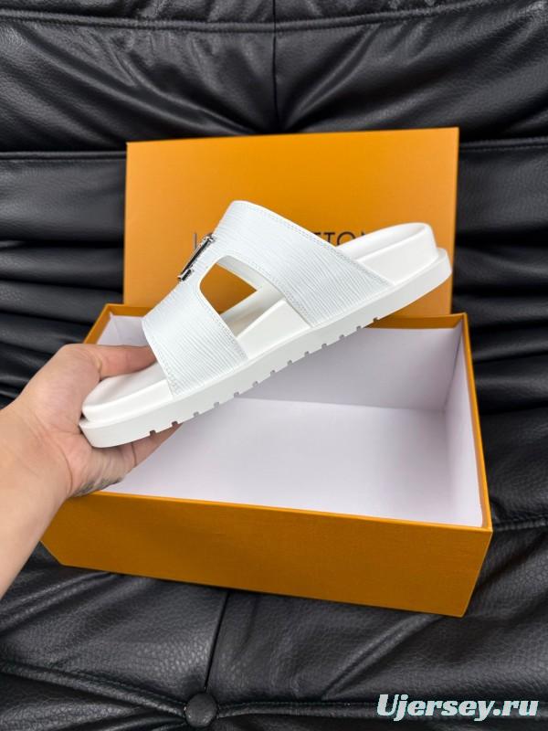 2025 Men Louis Vuitton White Leather Slippers AS00170