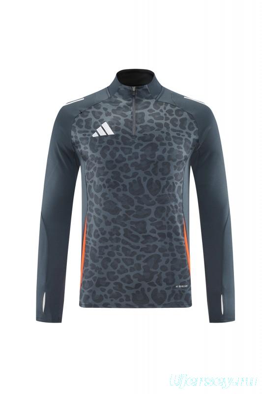 2025 Adidas Dark Grey & Black with Leopard Print Pattern and Orange Accents Half Zipper Jacket +Long Pants