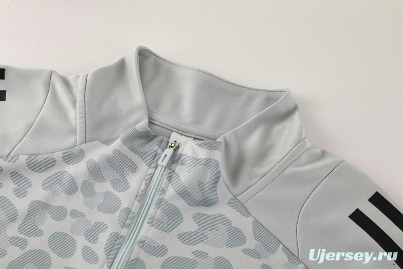 2025 Adidas Light Grey & Black with Leopard Print Pattern Half Zipper Jacket +Long Pants