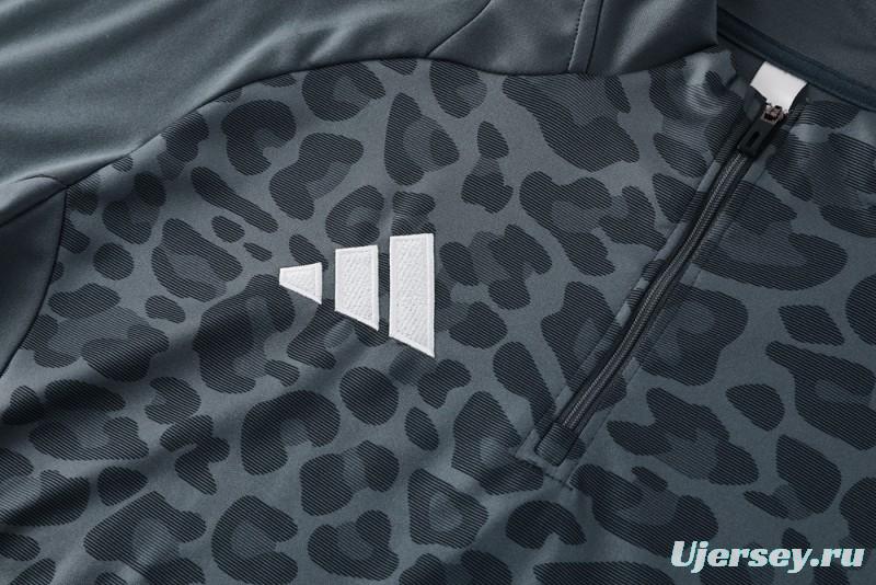 2025 Adidas Dark Grey & Black with Leopard Print Pattern and Orange Accents Half Zipper Jacket +Long Pants