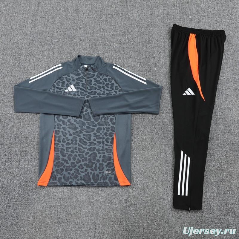 2025 Adidas Dark Grey & Black with Leopard Print Pattern and Orange Accents Half Zipper Jacket +Long Pants