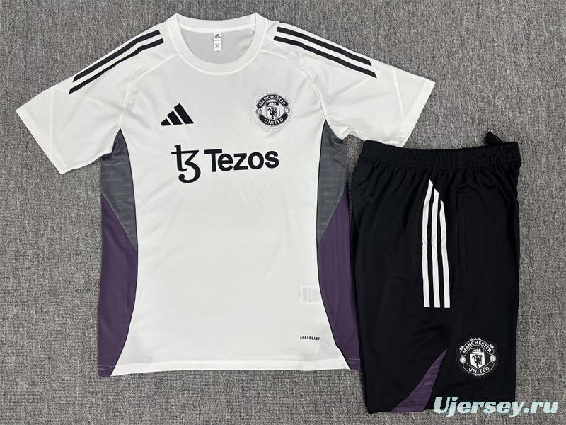 25/26 Kids Manchester United White Purple Short Sleeve+Soccer Shorts