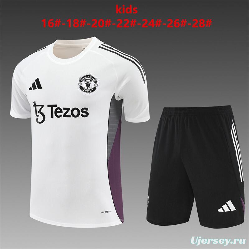 25/26 Kids Manchester United White Purple Short Sleeve+Soccer Shorts