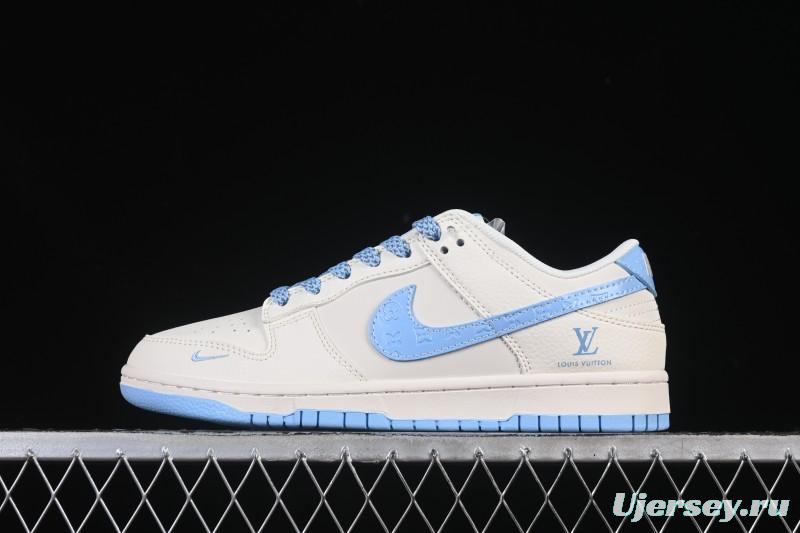 Nike SB Dunk Low LV Collaboration Off-White Ice Blue Print Anniversary High-End Custom Low-Top Casual Skate Shoes - JP1628-015