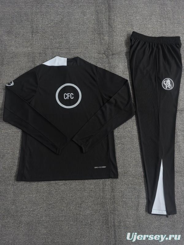Player Version 25/26 Kids Chelsea Black T90 Half Zipper Jacket+Long Pants