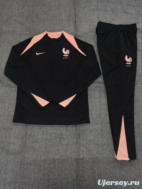 Player Version 25/26 Kids France Black Half Zipper Jacket+Long Pants