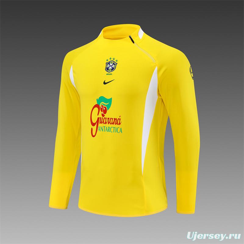 2002 Brazil Yellow Half Zipper Jacket+Long Pants